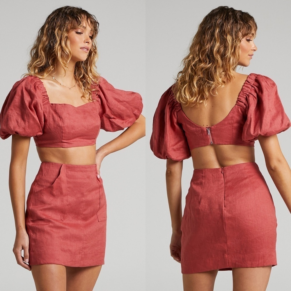Showpo Amalie The Label Linen Puff Sleeve Crop Top & Skirt Set 2US